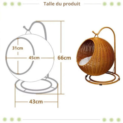 Hamac suspendu en rotin tissé à la main – Nid semi-fermé avec coussin moelleux pour chats