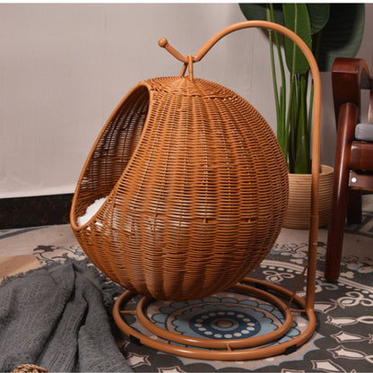 Hamac suspendu en rotin tissé à la main – Nid semi-fermé avec coussin moelleux pour chats