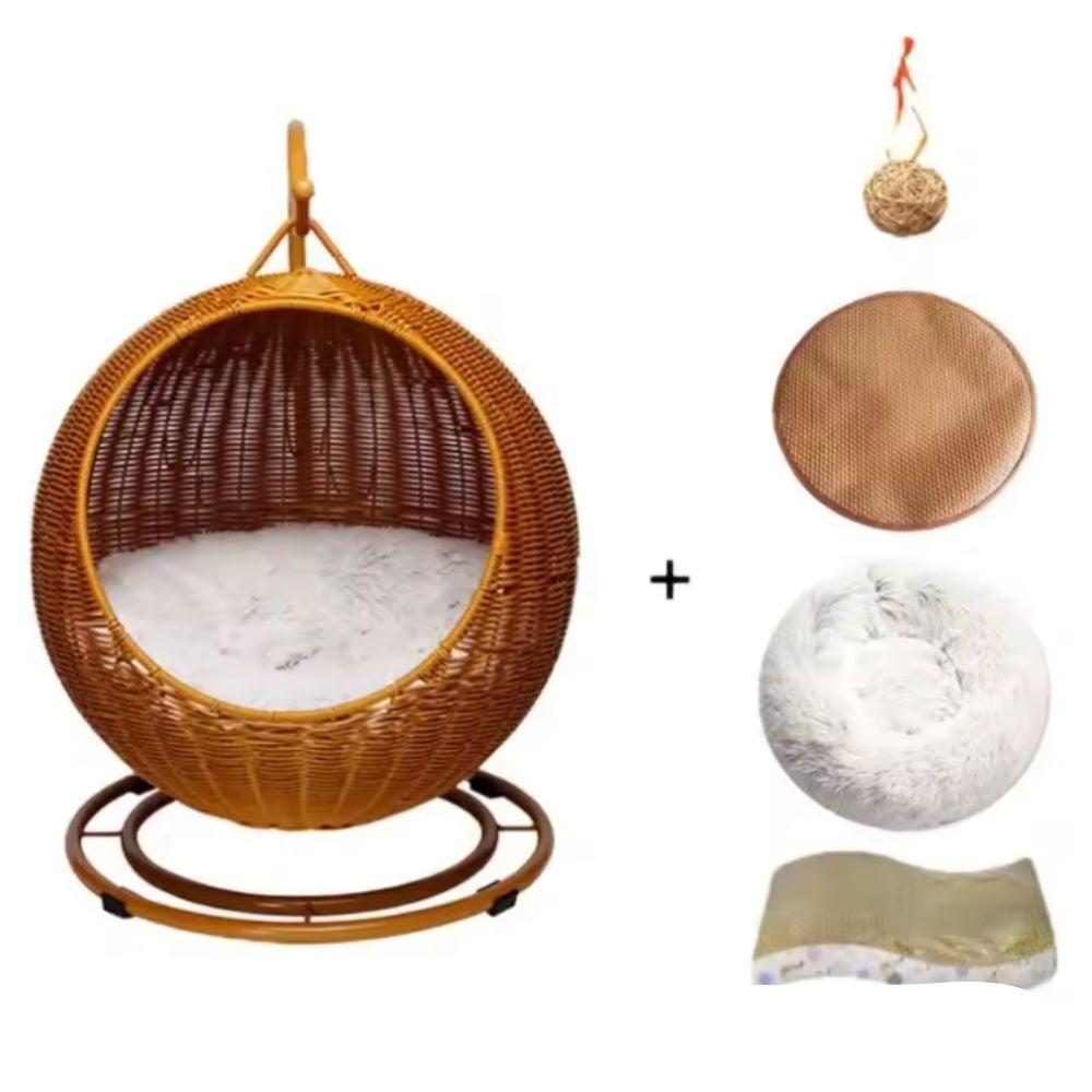 Hamac suspendu en rotin tissé à la main – Nid semi-fermé avec coussin moelleux pour chats